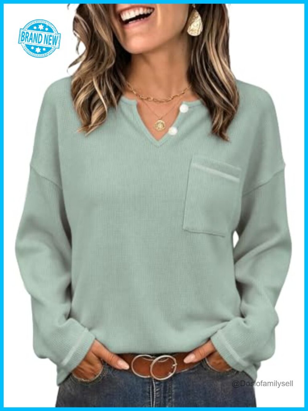Waffle Knit Long Sleeve Tunic Top V-Neck Button Relaxed Fit